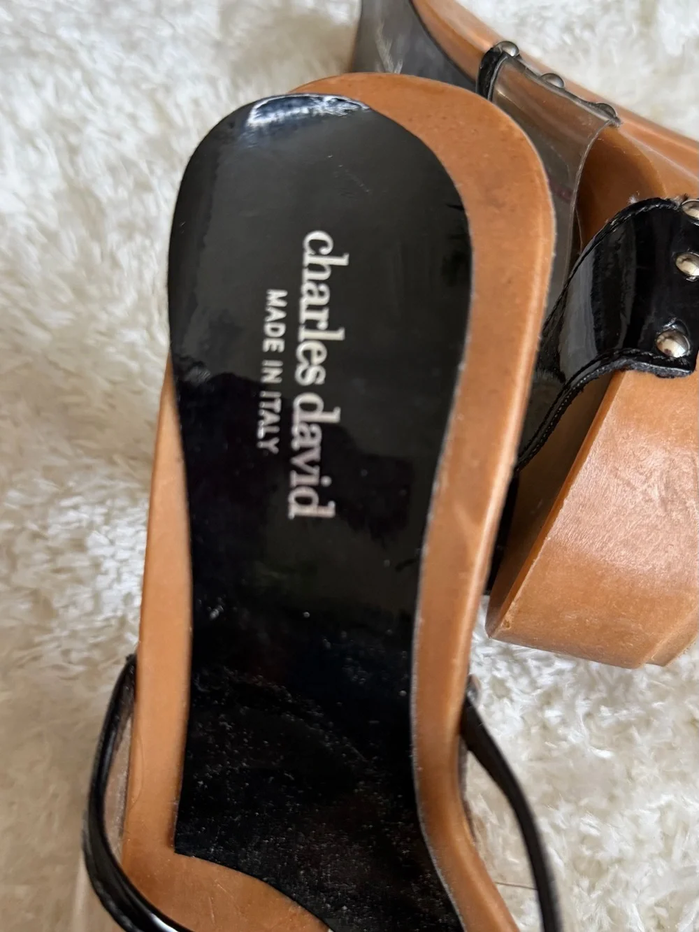 Charles David Brown Platform Heels with Black Patent & Clear Panels